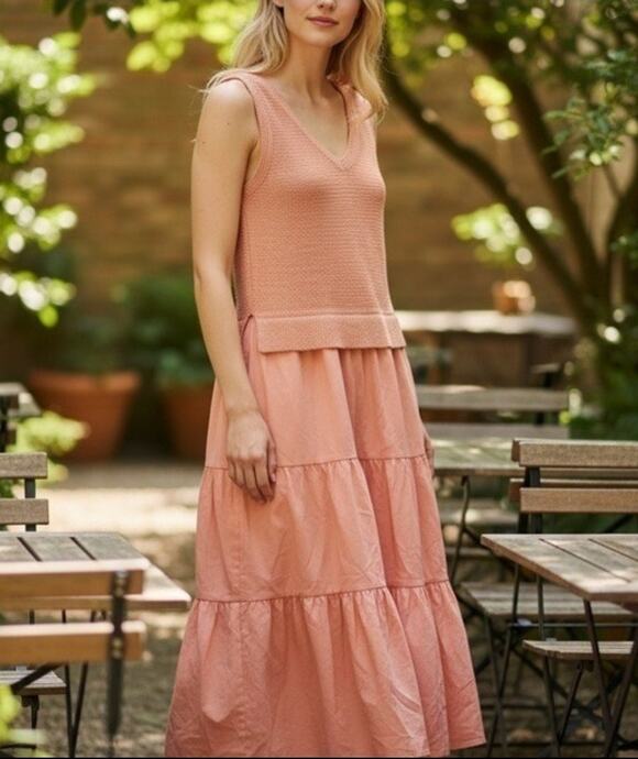 Cynthia Rowley Dresses & Skirts - Cynthia Rowley Mixed Media Tank Tiered Dress Drop Waist Sz M Dusty Peach Boho